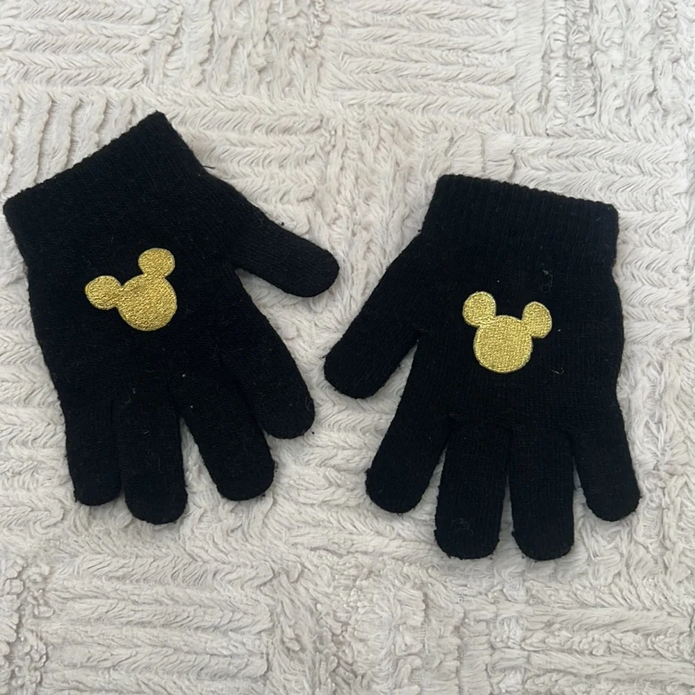 Black stretch knit gloves with gold color embroidered Mickey Mouse One size